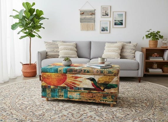 Egyptian Art Storage Ottoman Bench – Boho Kilim Upholstered Chest with Lid – Colorful Entryway Seating Furniture, P-5