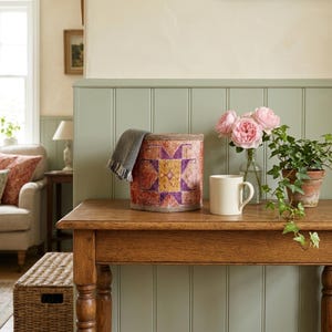 May include: A cylindrical fabric storage basket featuring a geometric pattern in shades of orange, purple, and yellow. A grey and white herringbone patterned cloth is draped over the edge. The basket sits on a wooden table next to a white mug.