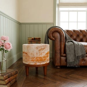 Orange Stepped Pattern Pouf | Entryway Accent Seat | Nomadic Wood Ottoman