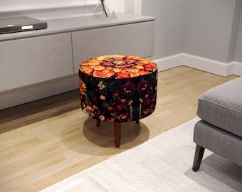 Gotischer Pouf-Hocker, Fußhocker mit Blumenmuster, Stilvoller runder Sitz, Landhausdeko, Herzliches Geschenk, Schuhbank für den Eingangsbereich, Nachhaltiger Hocker, M-22