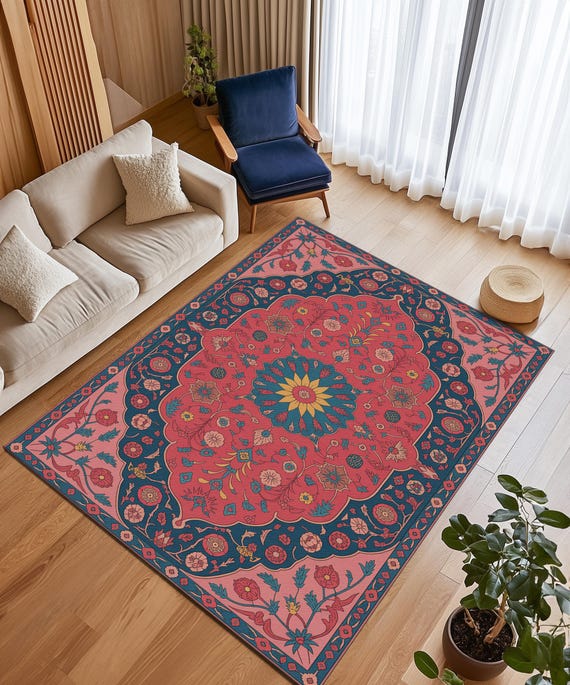Rosa Blau Gedruckter Teppich im Vintage Stil, Gemusterter Rutschfester Schlafzimmerteppich, M-832