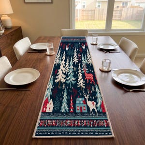 Navy Blue Pine Tree Console Mat | Entryway Furniture | Red Reindeer Dresser Cover