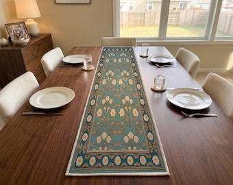 Teal Leaf Band Table Runner | Kitchen Table Linen | Boho Dining Room Decor