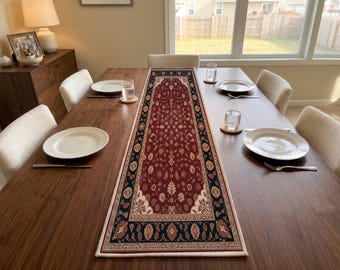 Wine Black Border Table Runner | Dresser Scarf Decor | Traditional Console Decor