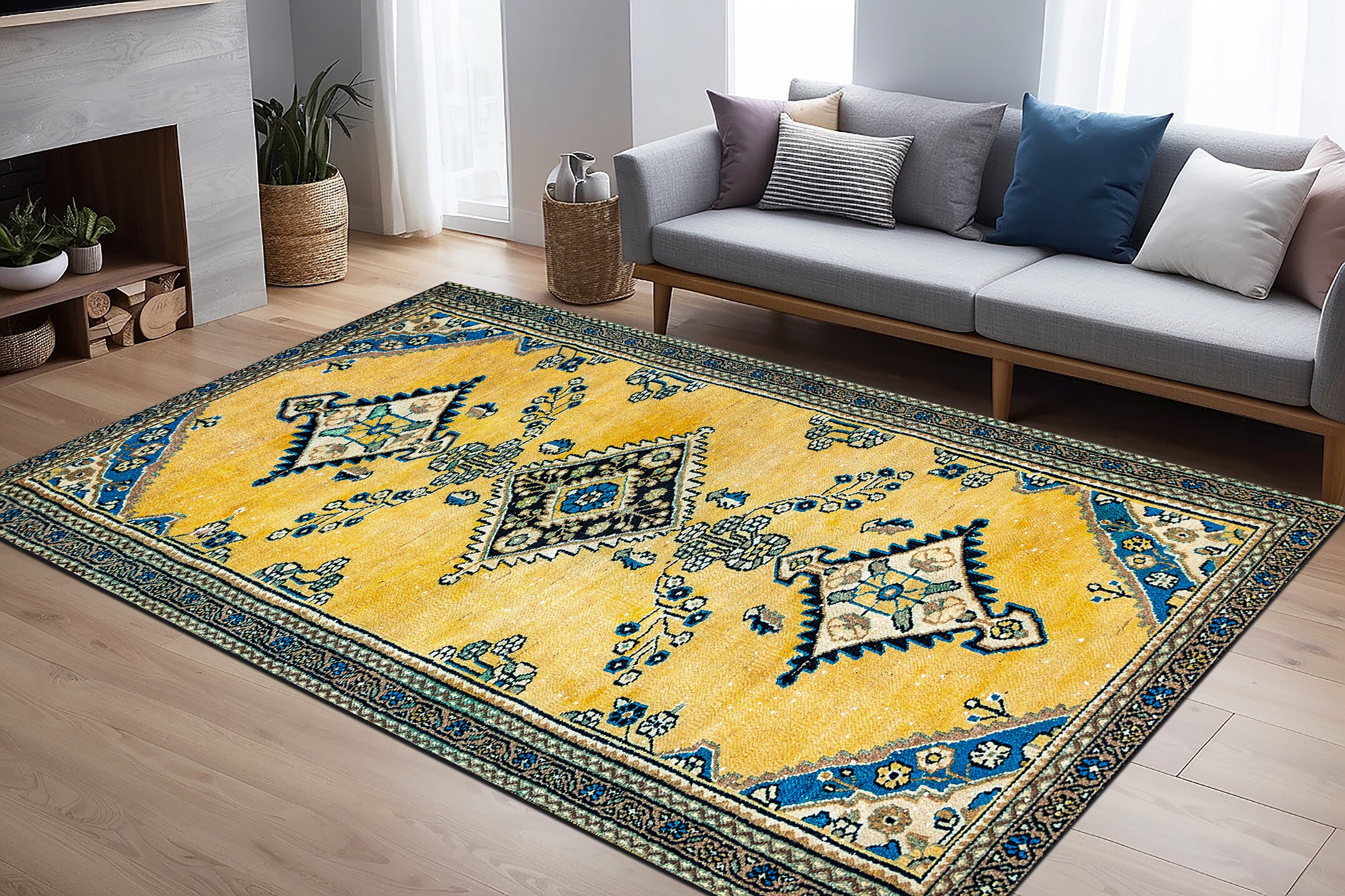 Oriental Rug, Rug With Blue, Hippie Rug, Yellow Rug, Boho Rug