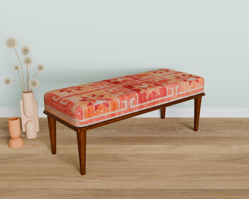Ottoman bench, Window bench, Bed bench, Bedroom bench, Upholstered bench, Decor bench, Farmhouse bench, Orange fabric bench, Wood bench, 04
