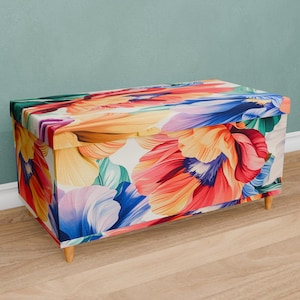 Summer theme bench, Flower print bench, Cute storage, Functional trunk, Durable furniture, Storage end table, Soft piano bench, M-232
