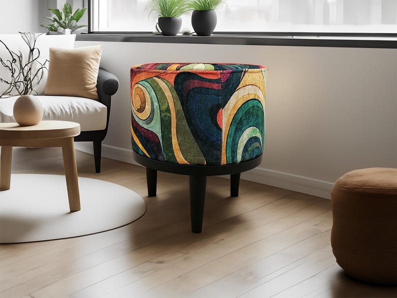 Luxury footstool, Elegant round pouf, Aesthetic decor, Bohemian footrest, Ottoman pouf stool, Round side table, Planter bench, M-158