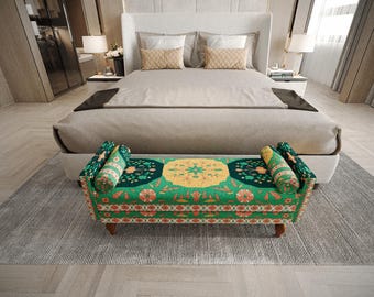 Green Botanical Medallion Loveseat | Bright Seat for Sunroom | Boho Floral Bench
