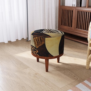 Round Pouf : Zebra Leopard Pattern | Wooden Leg Vanity Stool | Earth Tone Modern Boho Footrest