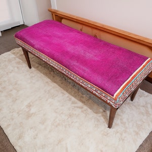 Banco rosa, Banco otomano, Banco para sentarse, Banco de trabajo de madera, Banco de sala, Banco de dormitorio, Muebles hechos a mano, Banco bohemio, Banco étnico