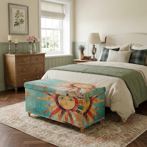 Sun Face Ottoman Bench – Boho Colorful Storage Chest with Lid – Artistic Kilim Upholstered Entryway Seating Furniture, P-6