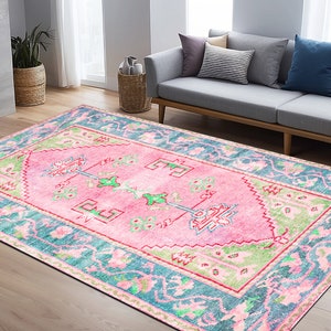 Pastel turkish rug, Pretty rug, Dining area rug, Art deco rug, Nursery rug, Front porch rug, Oushak pattern rug, Printed rug, Pink rug