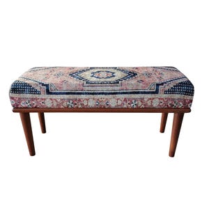Retro-style upholstered blanket bench with vintage Turkish pattern, perfect for bedroom or dressing table use, versatile ottoman bench that can serve as a footstoolor chic coffee table accent.