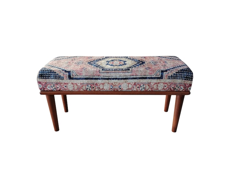 Retro-style upholstered blanket bench with vintage Turkish pattern, perfect for bedroom or dressing table use, versatile ottoman bench that can serve as a footstoolor chic coffee table accent.