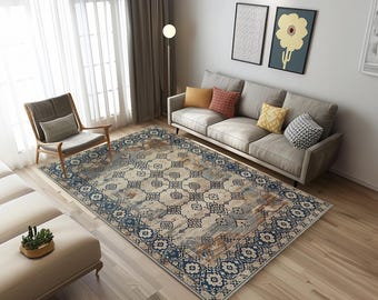 Blue Beige Turkish Rug – Washable Non Slip Area Carpet – Oriental Vintage Style – Low Pile Living Room Rug – Custom Size Available