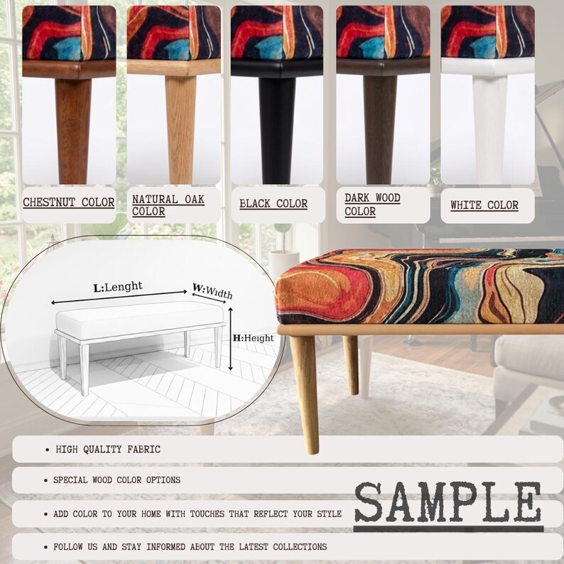 The image is a collage of various furniture pieces, including a bench, a chair, and a table, showcasing different colors and styles. The collage also includes a close-up of a bench with a colorful upholstery, providing a detailed view of the furniture.