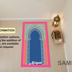 This colorful mihrap design prayer rug features an elegant and sustainable sajadah made with soft-touch materials that provide comfort during daily prayers. Its detailed islamic decor pattern adds a refined and spiritual atmosphere to any space, offering both durability and non-slip stability for everyday use.