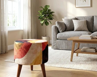 Warmer orangefarbener Wellenhocker | Sessel für die Schlafzimmerecke | Moderner Holzfußhocker