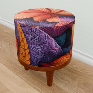 Flower motif bench, Purple footstool, Primitive pouf stool, Multipurpose seat, Round end table, Ottoman organizer, Unique design pouf, M-23