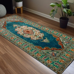 Rugs for living room, Oriental print rug, Teal oushak rug, Boho design rug, Large size rug, Bedroom rug, Anti slip rug, Kitchen runner