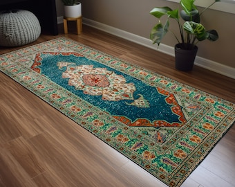Rugs for living room, Oriental print rug, Teal oushak rug, Boho design rug, Large size rug, Bedroom rug, Anti slip rug, Kitchen runner