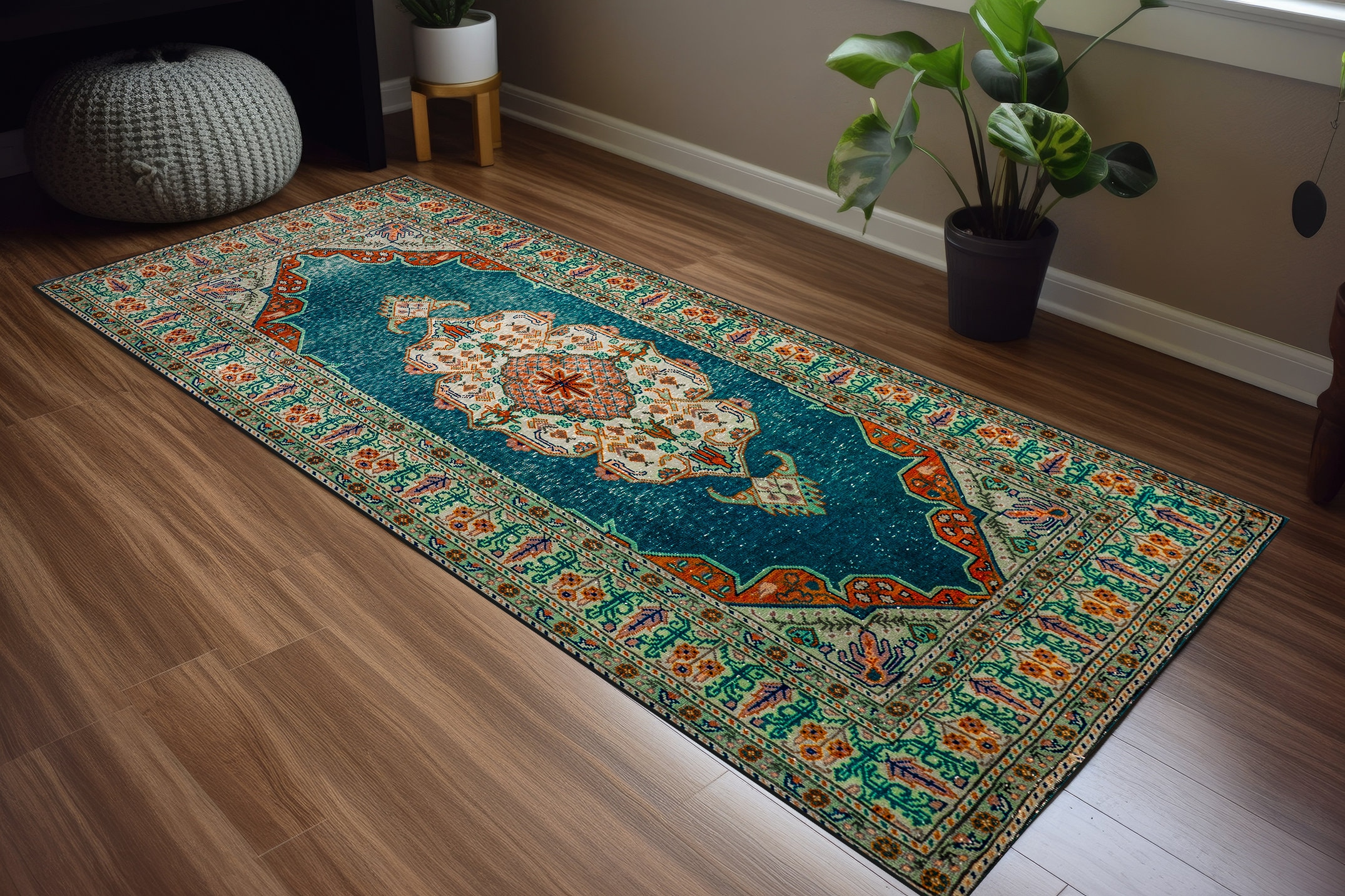 Rugs for Living Room, Oriental Print Rug, Teal Oushak Rug, Boho 
