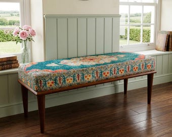 Turquoise Orange Ottoman | Makeup Vanity Stool | Bohemian Wood Footrest