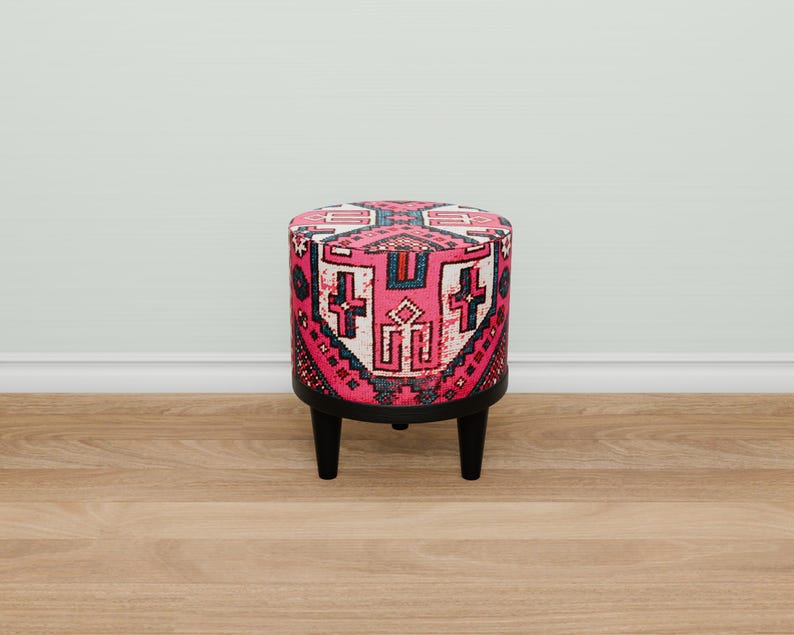 Vibrant pink bench, Doorway seating, Window front stool, Round french table, Ottoman organizer, Make up pouf, Vanity round seat, 280-02