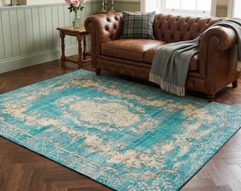 Teal Medallion Area Rug | Cyan Floral Living Room Carpet | Distressed Modern Mat