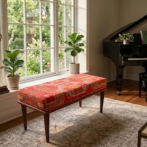 Red Pink Kilim Bench | Boho Entryway Seating | Eclectic Hallway Decor