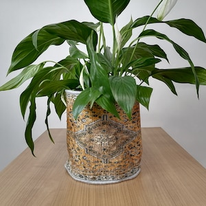 Peut inclure: Un plant de spathiphyllum dans un pot décoratif avec un motif doré et brun.