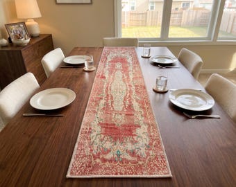 Rosa-türkisfarbenes Leinen im orientalischen Stil | Buffet-Tischdecke | Konsolentischdecke im Landhausstil