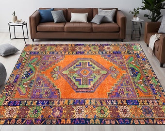 Turkish Patterned Area Rug, Boho Oriental Design, Non-Slip Floor Covering