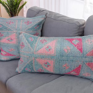handmade rug pillow, turkish cushion cover, bohemian pillow, blue pink pillow, lumbar pillow, couch pillow, throw pillow, washable pillow
