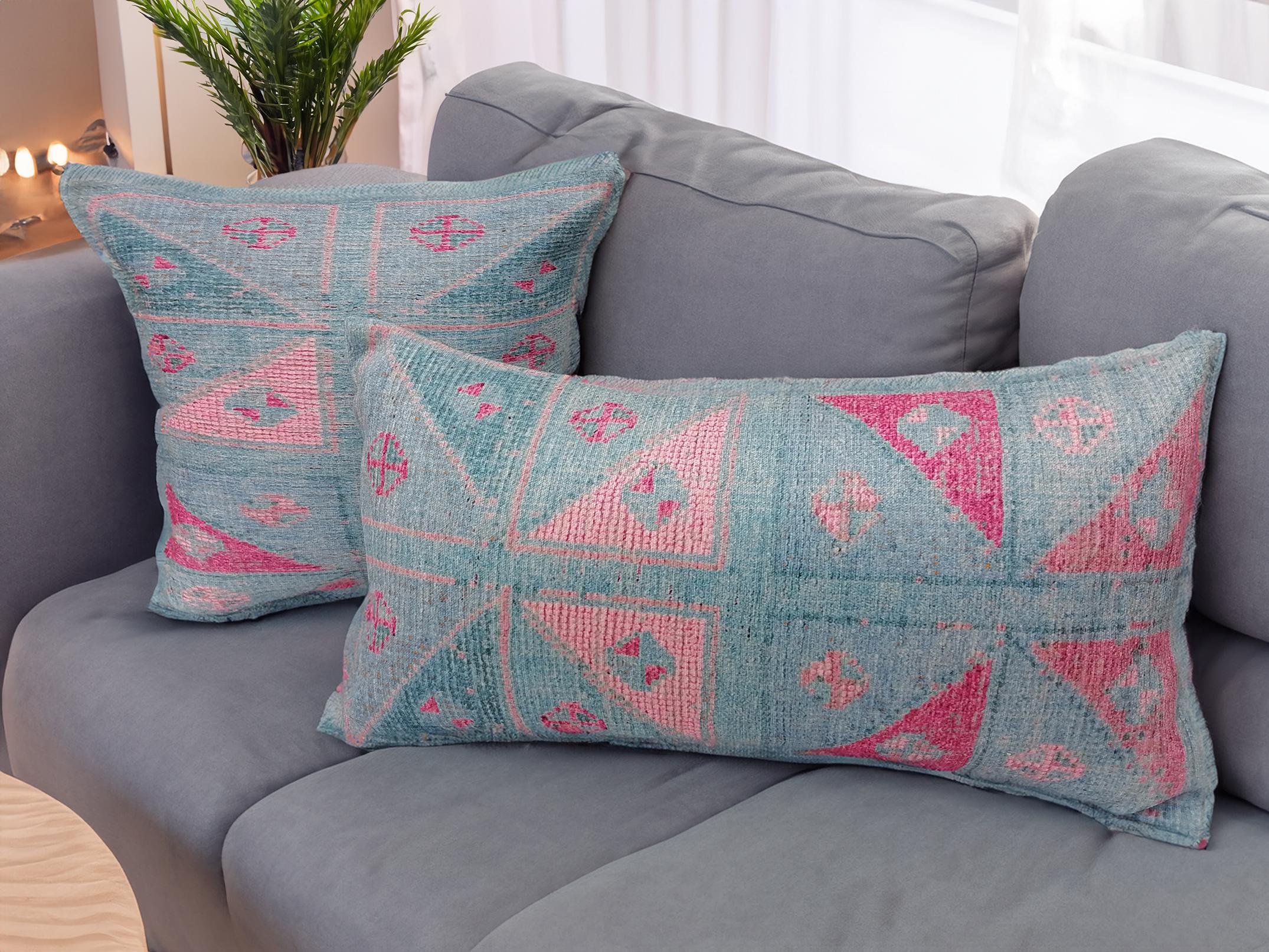 handmade rug pillow, turkish cushion cover, bohemian pillow, blue pink pillow, lumbar pillow, couch pillow, throw pillow, washable pillow