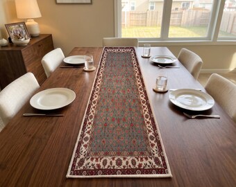 Sage Red Floral Table Runner | Console Table Mat | Eclectic Kitchen Accent
