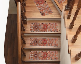 Rust Kilim Print Stair Treads | Slip Resistant Step Pads | Southwestern Home Carpet