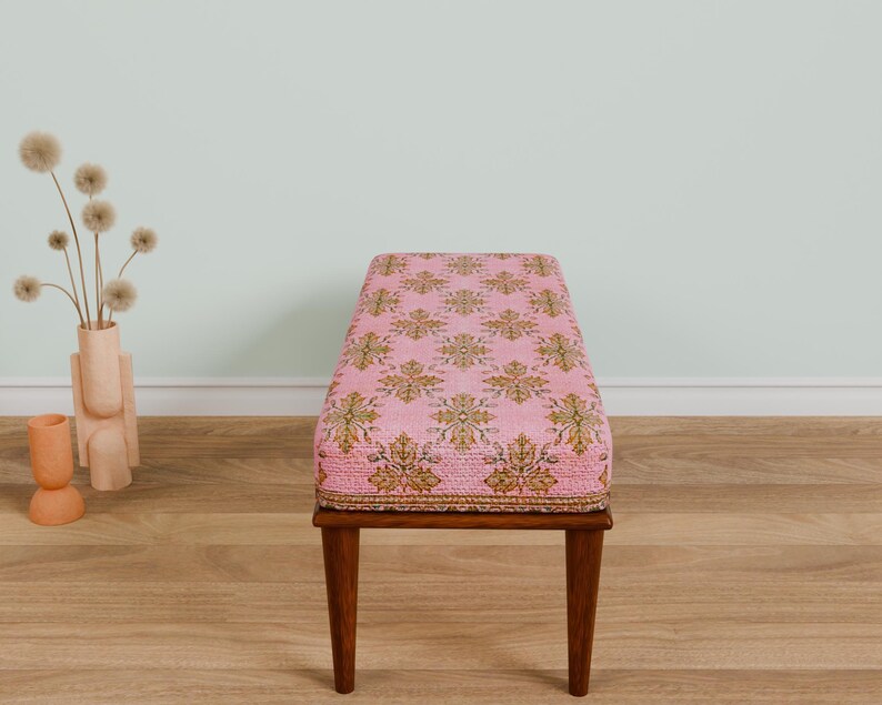 Pink oriental bench, Comfort bench, End of bed bench, Handmade bench, Livingroom bench, Makeup bench, Home decor bench, Kitchen seat, 337-01
