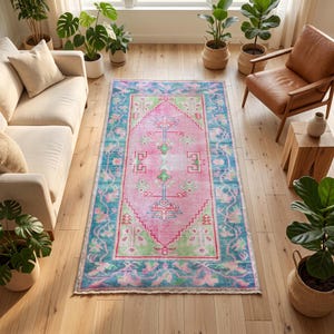Pink Teal Medallion Rug | Living Room Area Carpet | Vintage Boho Floor Mat