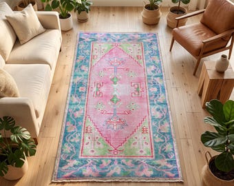 Pink Teal Medallion Rug | Living Room Area Carpet | Vintage Boho Floor Mat