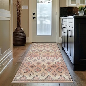 Peach pink rug, Short pile rug, Rustic area rug, Under table rug, High traffic rug, Small bath mat, Washable rug, Bedside rug, Mudroom decor