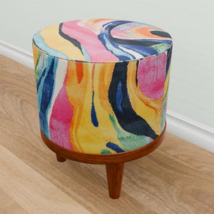 Colorful pouf stool, Interior furniture, Handmade footstool, Wood work footrest, Cool round pouf, Soft touch stool, Bedside pouf, M-30