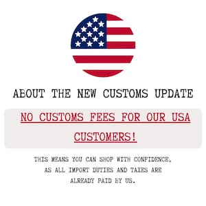 The image is a promotional poster for a new customs update in the United States. It features the American flag in the top left corner and contains text that announces the removal of customs fees for US customers.