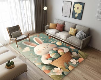 Cute bunny print rug, Lovely rug, Easter theme rug, Pastel color rug, Small area rug, Modern rug, Vanity rug, Stain resistant rug, Retro rug