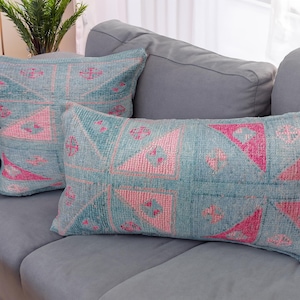 handmade rug pillow, turkish cushion cover, bohemian pillow, blue pink pillow, lumbar pillow, couch pillow, throw pillow, washable pillow