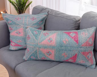 handmade rug pillow, turkish cushion cover, bohemian pillow, blue pink pillow, lumbar pillow, couch pillow, throw pillow, washable pillow