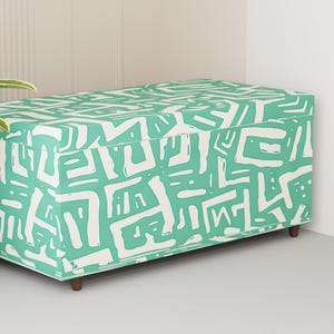 Abstract Green Ottoman Bench – Modern Storage Chest with Lid – Minimalist Upholstered Entryway Seating in Mint and White, P-8