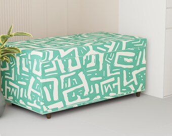 Banco otomano verde abstracto – Baúl de almacenamiento moderno con tapa – Asiento minimalista tapizado para recibidor en menta y blanco, P-8