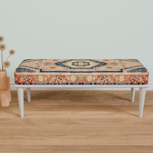 Retro-style upholstered blanket bench with vintage Turkish pattern, perfect for bedroom or dressing table use, versatile ottoman bench that can serve as a footstoolor chic coffee table accent.
